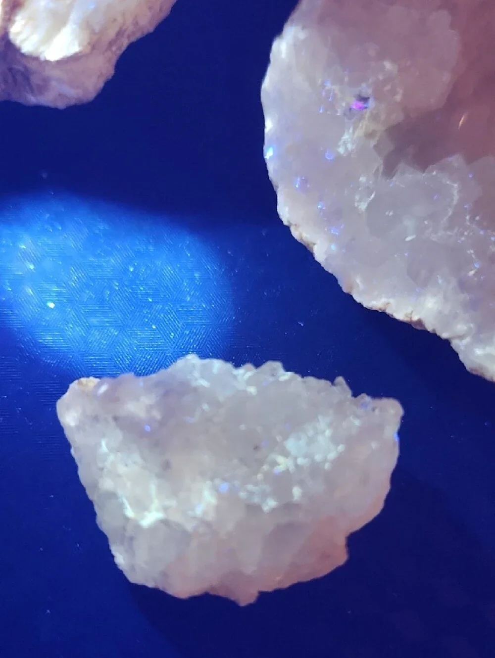 Quartz White Crystal Geode Trio Decorative Set with UV Highlights From Calcite